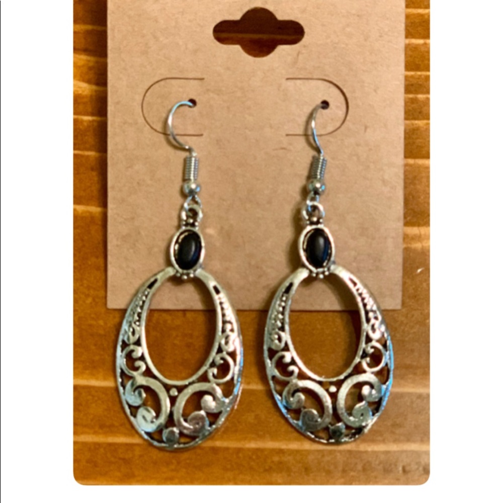 Silvertone Black Oval Drop Earrings